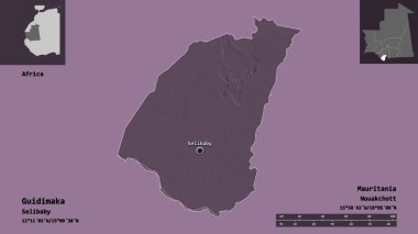 Guidimaka 'nın şekli, Moritanya bölgesi ve başkenti. Uzaklık ölçeği, ön gösterimler ve etiketler. Renkli yükseklik haritası. 3B görüntüleme