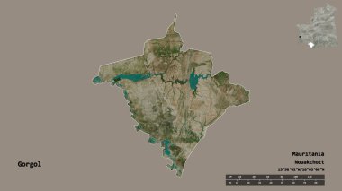Moritanya 'nın Gorgol bölgesi, başkenti katı bir zemin üzerinde izole edilmiş. Uzaklık ölçeği, bölge önizlemesi ve etiketleri. Uydu görüntüleri. 3B görüntüleme