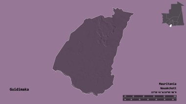 Guidimaka 'nın şekli, Moritanya bölgesi, başkenti katı bir zemin üzerinde izole edilmiş. Uzaklık ölçeği, bölge önizlemesi ve etiketleri. Renkli yükseklik haritası. 3B görüntüleme