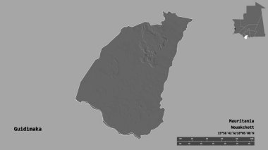 Guidimaka 'nın şekli, Moritanya bölgesi, başkenti katı bir zemin üzerinde izole edilmiş. Uzaklık ölçeği, bölge önizlemesi ve etiketleri. Çift seviyeli yükseklik haritası. 3B görüntüleme