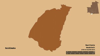 Guidimaka 'nın şekli, Moritanya bölgesi, başkenti katı bir zemin üzerinde izole edilmiş. Uzaklık ölçeği, bölge önizlemesi ve etiketleri. Düzenli desenli dokuların bileşimi. 3B görüntüleme