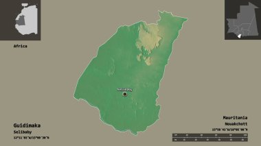 Guidimaka 'nın şekli, Moritanya bölgesi ve başkenti. Uzaklık ölçeği, ön gösterimler ve etiketler. Topografik yardım haritası. 3B görüntüleme
