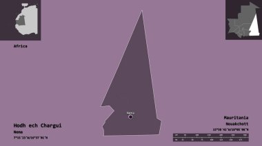 Hodh ech Chargui 'nin şekli, Moritanya bölgesi ve başkenti. Uzaklık ölçeği, ön gösterimler ve etiketler. Renkli yükseklik haritası. 3B görüntüleme
