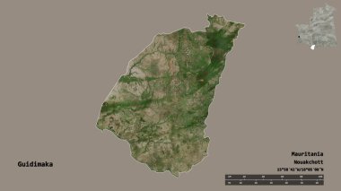 Guidimaka 'nın şekli, Moritanya bölgesi, başkenti katı bir zemin üzerinde izole edilmiş. Uzaklık ölçeği, bölge önizlemesi ve etiketleri. Uydu görüntüleri. 3B görüntüleme