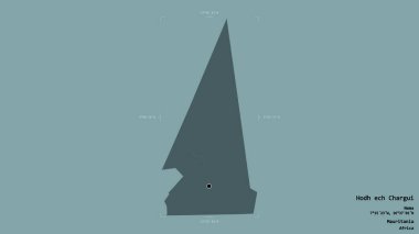 Hodh ech Chargui bölgesi, Moritanya bölgesi, jeoreferatlı bir sınır kutusunda sağlam bir arka planda izole edilmiş. Etiketler. Renkli yükseklik haritası. 3B görüntüleme