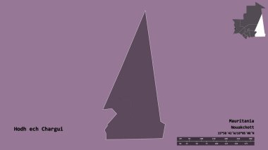 Mauritania bölgesindeki Hodh ech Chargui 'nin şekli, başkenti sağlam bir zemin üzerinde izole edilmiş. Uzaklık ölçeği, bölge önizlemesi ve etiketleri. Renkli yükseklik haritası. 3B görüntüleme