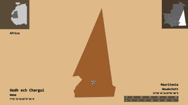 Hodh ech Chargui 'nin şekli, Moritanya bölgesi ve başkenti. Uzaklık ölçeği, ön gösterimler ve etiketler. Düzenli desenli dokuların bileşimi. 3B görüntüleme