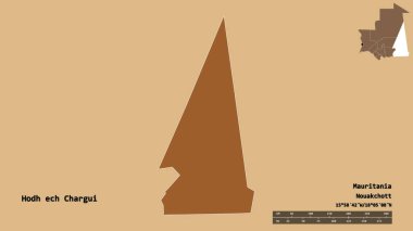 Mauritania bölgesindeki Hodh ech Chargui 'nin şekli, başkenti sağlam bir zemin üzerinde izole edilmiş. Uzaklık ölçeği, bölge önizlemesi ve etiketleri. Düzenli desenli dokuların bileşimi. 3B görüntüleme