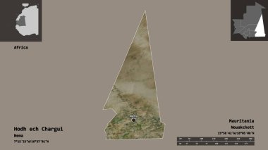 Hodh ech Chargui 'nin şekli, Moritanya bölgesi ve başkenti. Uzaklık ölçeği, ön gösterimler ve etiketler. Uydu görüntüleri. 3B görüntüleme