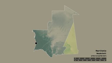 Başkenti, ana bölgesel bölümü ve ayrık Hodh ech Chargui bölgesi ile Moritanya 'nın dejenere edilmiş şekli. Etiketler. Topografik yardım haritası. 3B görüntüleme