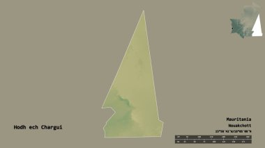 Mauritania bölgesindeki Hodh ech Chargui 'nin şekli, başkenti sağlam bir zemin üzerinde izole edilmiş. Uzaklık ölçeği, bölge önizlemesi ve etiketleri. Topografik yardım haritası. 3B görüntüleme