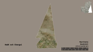 Mauritania bölgesindeki Hodh ech Chargui 'nin şekli, başkenti sağlam bir zemin üzerinde izole edilmiş. Uzaklık ölçeği, bölge önizlemesi ve etiketleri. Uydu görüntüleri. 3B görüntüleme