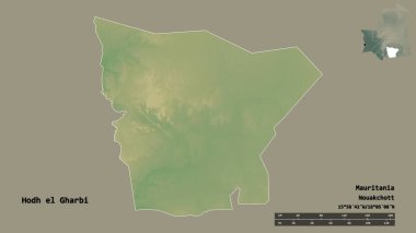 Mauritania bölgesinin başkenti olan Hodh el Gharbi 'nin şekli katı bir zemin üzerinde izole edilmiştir. Uzaklık ölçeği, bölge önizlemesi ve etiketleri. Topografik yardım haritası. 3B görüntüleme