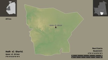 Hodh el Gharbi 'nin şekli, Moritanya bölgesi ve başkenti. Uzaklık ölçeği, ön gösterimler ve etiketler. Topografik yardım haritası. 3B görüntüleme
