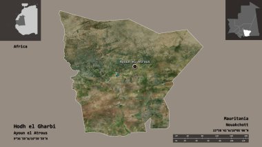 Hodh el Gharbi 'nin şekli, Moritanya bölgesi ve başkenti. Uzaklık ölçeği, ön gösterimler ve etiketler. Uydu görüntüleri. 3B görüntüleme