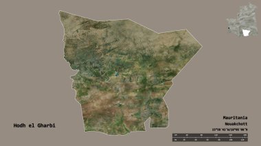 Mauritania bölgesinin başkenti olan Hodh el Gharbi 'nin şekli katı bir zemin üzerinde izole edilmiştir. Uzaklık ölçeği, bölge önizlemesi ve etiketleri. Uydu görüntüleri. 3B görüntüleme