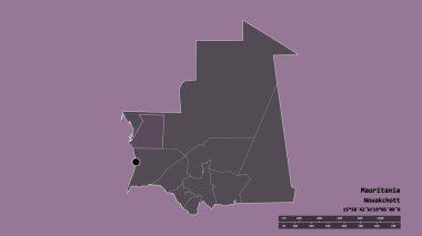 Başkenti, ana bölgesel bölümü ve ayrılmış Inchiri bölgesiyle Moritanya 'nın dejenere edilmiş şekli. Etiketler. Renkli yükseklik haritası. 3B görüntüleme