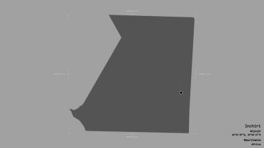 Inchiri bölgesi, Moritanya bölgesi, jeoreferatlı bir sınır kutusunda katı bir arka planda izole edilmiş. Etiketler. Çift seviyeli yükseklik haritası. 3B görüntüleme