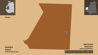 Inchiri 'nin şekli, Moritanya bölgesi ve başkenti. Uzaklık ölçeği, ön gösterimler ve etiketler. Düzenli desenli dokuların bileşimi. 3B görüntüleme