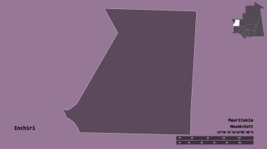 Moritanya 'nın İnchiri bölgesinin başkenti katı bir zemin üzerinde izole edilmiştir. Uzaklık ölçeği, bölge önizlemesi ve etiketleri. Renkli yükseklik haritası. 3B görüntüleme