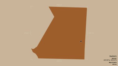 Inchiri bölgesi, Moritanya bölgesi, jeoreferatlı bir sınır kutusunda katı bir arka planda izole edilmiş. Etiketler. Desenli dokuların bileşimi. 3B görüntüleme