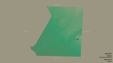 Inchiri bölgesi, Moritanya bölgesi, jeoreferatlı bir sınır kutusunda katı bir arka planda izole edilmiş. Etiketler. Topografik yardım haritası. 3B görüntüleme