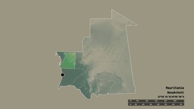 Başkenti, ana bölgesel bölümü ve ayrılmış Inchiri bölgesiyle Moritanya 'nın dejenere edilmiş şekli. Etiketler. Topografik yardım haritası. 3B görüntüleme
