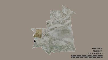 Başkenti, ana bölgesel bölümü ve ayrılmış Inchiri bölgesiyle Moritanya 'nın dejenere edilmiş şekli. Etiketler. Uydu görüntüleri. 3B görüntüleme