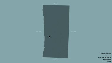 Moritanya 'nın Nouakchott bölgesi, katı bir arka planda izole edilmiş bir sınır kutusunda. Etiketler. Renkli yükseklik haritası. 3B görüntüleme