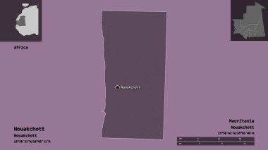 Moritanya 'nın Nouakchott ilçesi ve başkenti. Uzaklık ölçeği, ön gösterimler ve etiketler. Renkli yükseklik haritası. 3B görüntüleme