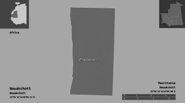 Moritanya 'nın Nouakchott ilçesi ve başkenti. Uzaklık ölçeği, ön gösterimler ve etiketler. Çift seviyeli yükseklik haritası. 3B görüntüleme