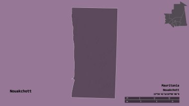Moritanya 'nın Nouakchott ilçesi, başkenti sağlam arka planda izole edilmiş. Uzaklık ölçeği, bölge önizlemesi ve etiketleri. Renkli yükseklik haritası. 3B görüntüleme