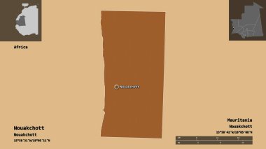 Moritanya 'nın Nouakchott ilçesi ve başkenti. Uzaklık ölçeği, ön gösterimler ve etiketler. Düzenli desenli dokuların bileşimi. 3B görüntüleme