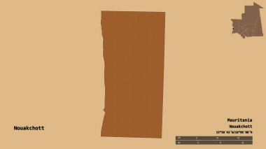 Moritanya 'nın Nouakchott ilçesi, başkenti sağlam arka planda izole edilmiş. Uzaklık ölçeği, bölge önizlemesi ve etiketleri. Düzenli desenli dokuların bileşimi. 3B görüntüleme