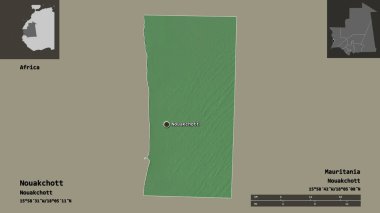 Moritanya 'nın Nouakchott ilçesi ve başkenti. Uzaklık ölçeği, ön gösterimler ve etiketler. Topografik yardım haritası. 3B görüntüleme