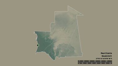Başkenti, ana bölgesel bölümü ve ayrılmış Nouakchott bölgesiyle Moritanya 'nın dejenere edilmiş şekli. Etiketler. Topografik yardım haritası. 3B görüntüleme