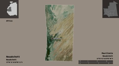 Moritanya 'nın Nouakchott ilçesi ve başkenti. Uzaklık ölçeği, ön gösterimler ve etiketler. Uydu görüntüleri. 3B görüntüleme
