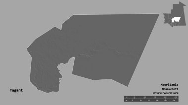 Moritanya 'nın başkenti katı bir zemin üzerinde izole edilmiş, Etiket Şekli. Uzaklık ölçeği, bölge önizlemesi ve etiketleri. Çift seviyeli yükseklik haritası. 3B görüntüleme