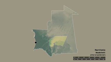 Başkenti, ana bölgesel bölümü ve ayrılmış Tagant bölgesiyle Moritanya 'nın dejenere edilmiş şekli. Etiketler. Topografik yardım haritası. 3B görüntüleme