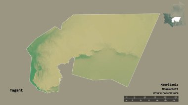 Moritanya 'nın başkenti katı bir zemin üzerinde izole edilmiş, Etiket Şekli. Uzaklık ölçeği, bölge önizlemesi ve etiketleri. Topografik yardım haritası. 3B görüntüleme