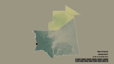 Başkenti, ana bölgesel bölümü ve ayrılan Tiris Zemmour bölgesiyle Moritanya 'nın dejenere bir şekli. Etiketler. Topografik yardım haritası. 3B görüntüleme