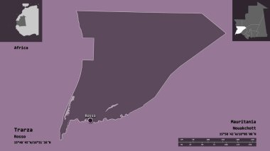 Trarza 'nın şekli, Moritanya bölgesi ve başkenti. Uzaklık ölçeği, ön gösterimler ve etiketler. Renkli yükseklik haritası. 3B görüntüleme