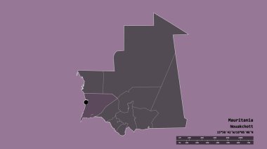 Başkenti, ana bölgesel bölümü ve ayrılmış Trarza bölgesi ile Moritanya 'nın dejenere edilmiş şekli. Etiketler. Renkli yükseklik haritası. 3B görüntüleme