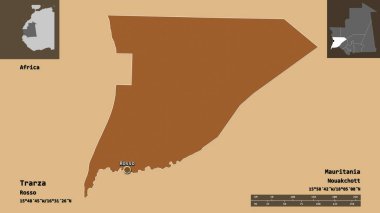 Trarza 'nın şekli, Moritanya bölgesi ve başkenti. Uzaklık ölçeği, ön gösterimler ve etiketler. Düzenli desenli dokuların bileşimi. 3B görüntüleme
