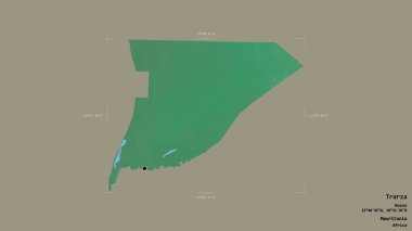 Trarza bölgesi, Moritanya bölgesi, jeoreferatlı bir sınır kutusunda katı bir arka planda izole edilmiş. Etiketler. Topografik yardım haritası. 3B görüntüleme