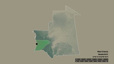 Başkenti, ana bölgesel bölümü ve ayrılmış Trarza bölgesi ile Moritanya 'nın dejenere edilmiş şekli. Etiketler. Topografik yardım haritası. 3B görüntüleme