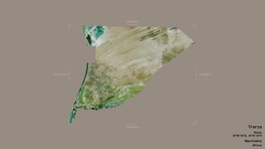 Trarza bölgesi, Moritanya bölgesi, jeoreferatlı bir sınır kutusunda katı bir arka planda izole edilmiş. Etiketler. Uydu görüntüleri. 3B görüntüleme