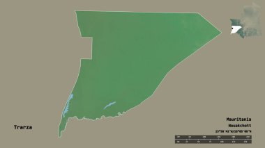 Trarza 'nın şekli, Moritanya bölgesi, başkenti katı bir zemin üzerinde izole edilmiş. Uzaklık ölçeği, bölge önizlemesi ve etiketleri. Topografik yardım haritası. 3B görüntüleme