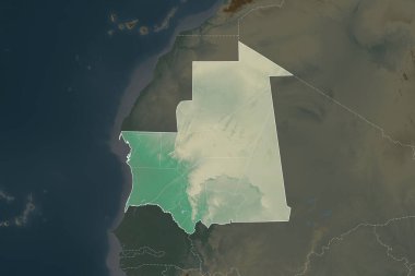 Moritanya 'nın şekli komşu bölgelerin dedoygunluğuyla ayrılır. Sınırlar. Topografik yardım haritası. 3B görüntüleme