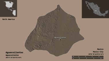 Aguascalientes 'in şekli, Meksika eyaleti ve başkenti. Uzaklık ölçeği, ön gösterimler ve etiketler. Renkli yükseklik haritası. 3B görüntüleme